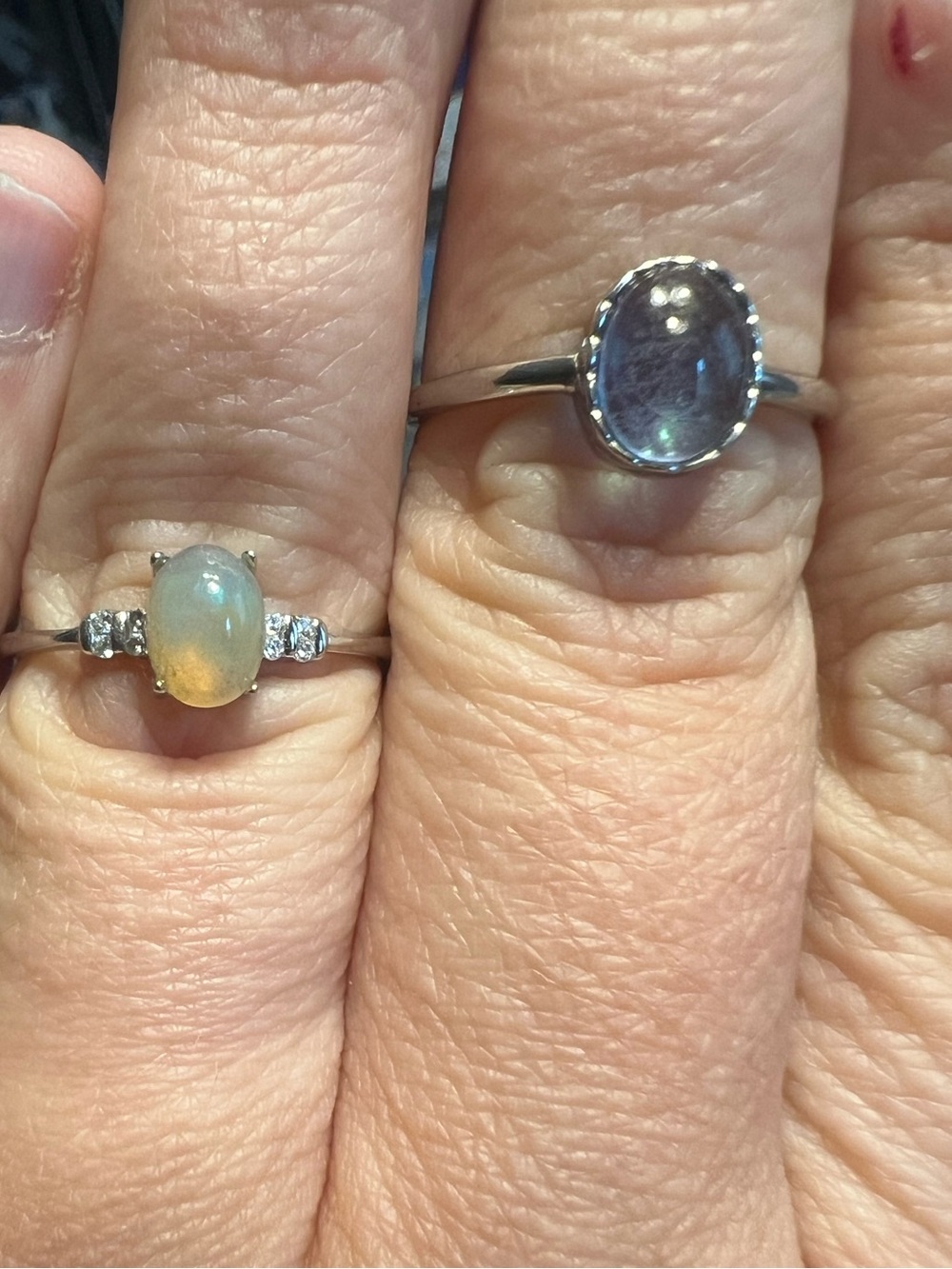Set of 2 adjustable rings, opal & aquamarine